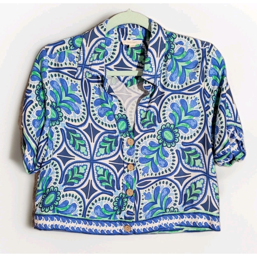 Haute Hippie Top Sz S Button Up Cropped Blouse Resort Coastal Boho Blue/Green